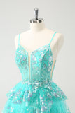 Søt Sparkly A-Line Green Spaghetti stropper lagdelt Homecoming kjole med paljetter