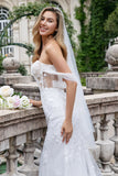 Sparkly White Off the Shoulder Korsett Mermaid Tulle brudekjole med paljetter