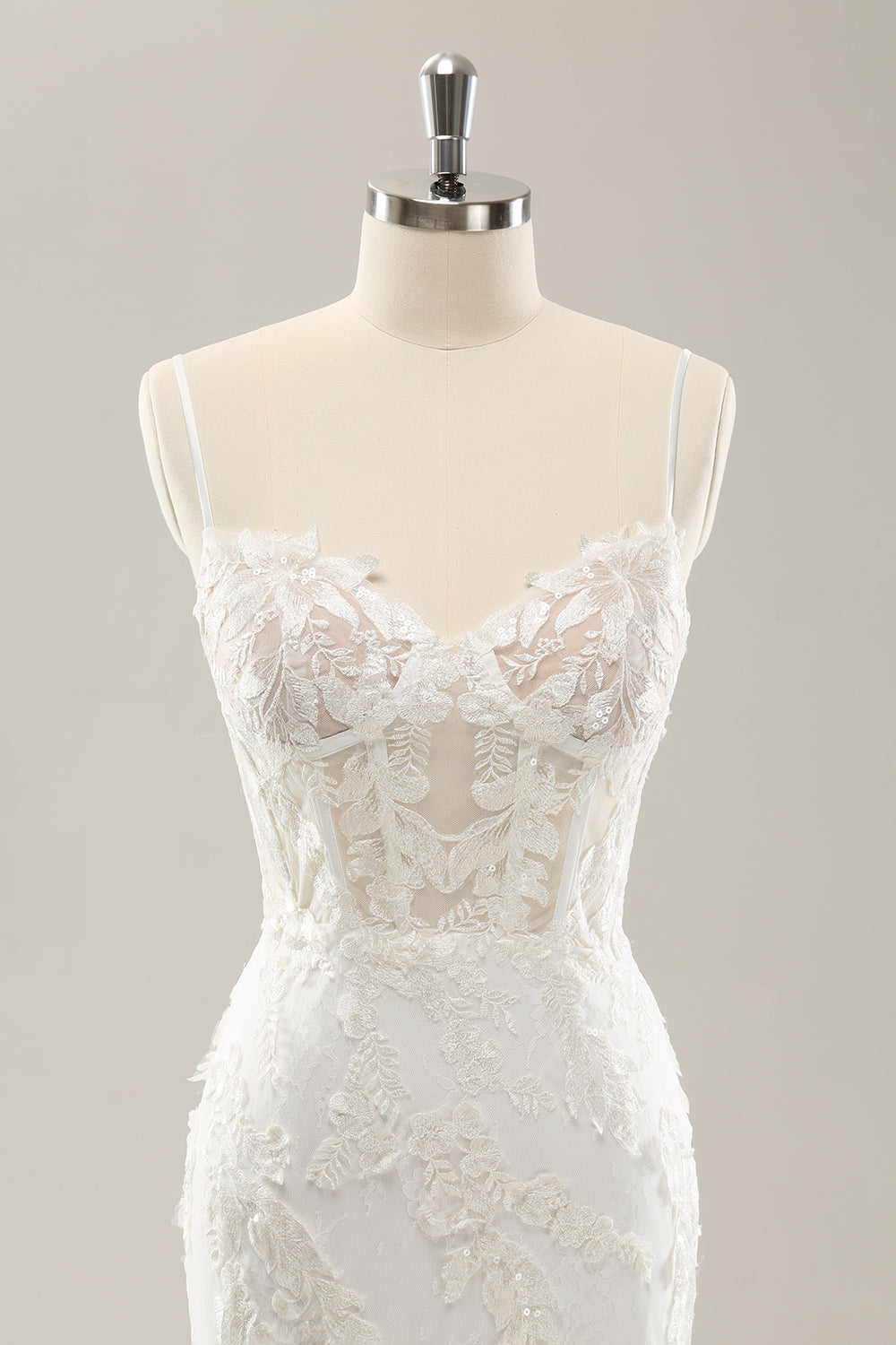 Hvit havfrue Spaghetti stropper Applique Lace Korsett brudekjole med snøre-up Back