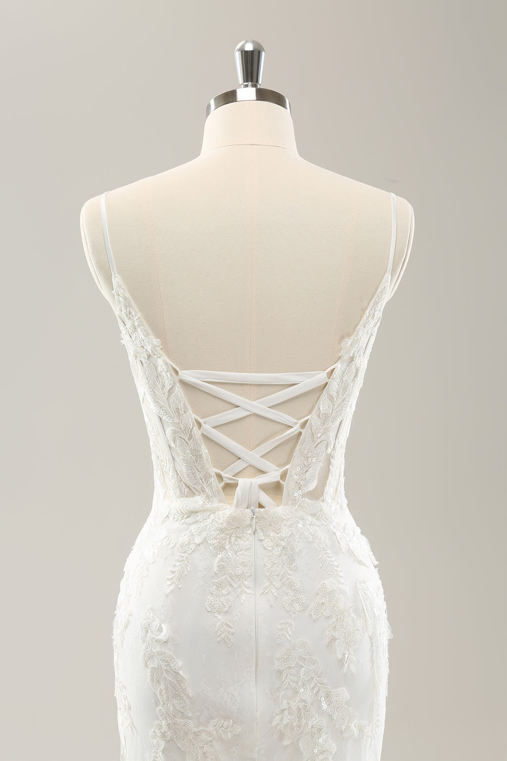 Hvit havfrue Spaghetti stropper Applique Lace Korsett brudekjole med snøre-up Back
