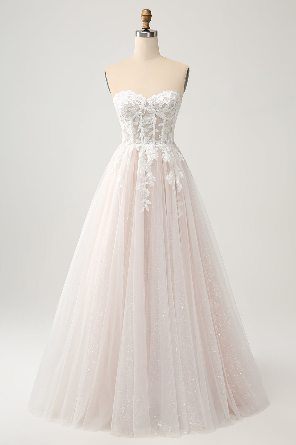 Hvit A Line Sweetheart Sparkly brudekjole med Applique blonder