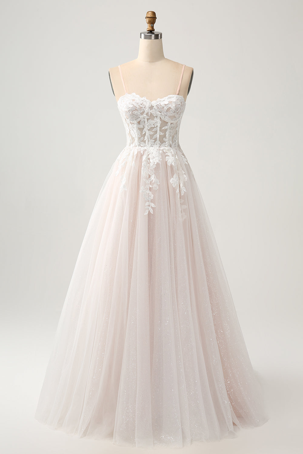 Hvit A Line Sweetheart Sparkly brudekjole med Applique blonder