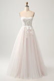 Hvit A Line Sweetheart Sparkly brudekjole med Applique blonder