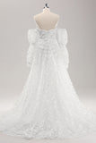 Hvit A Line Sweetheart Applique Lace brudekjole med avtakbare ermer