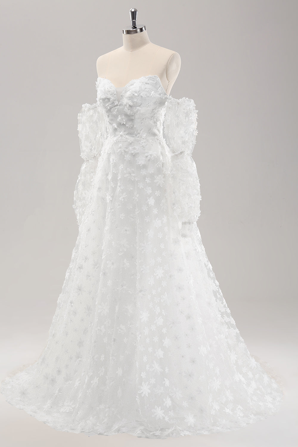 Hvit A Line Sweetheart Applique Lace brudekjole med avtakbare ermer