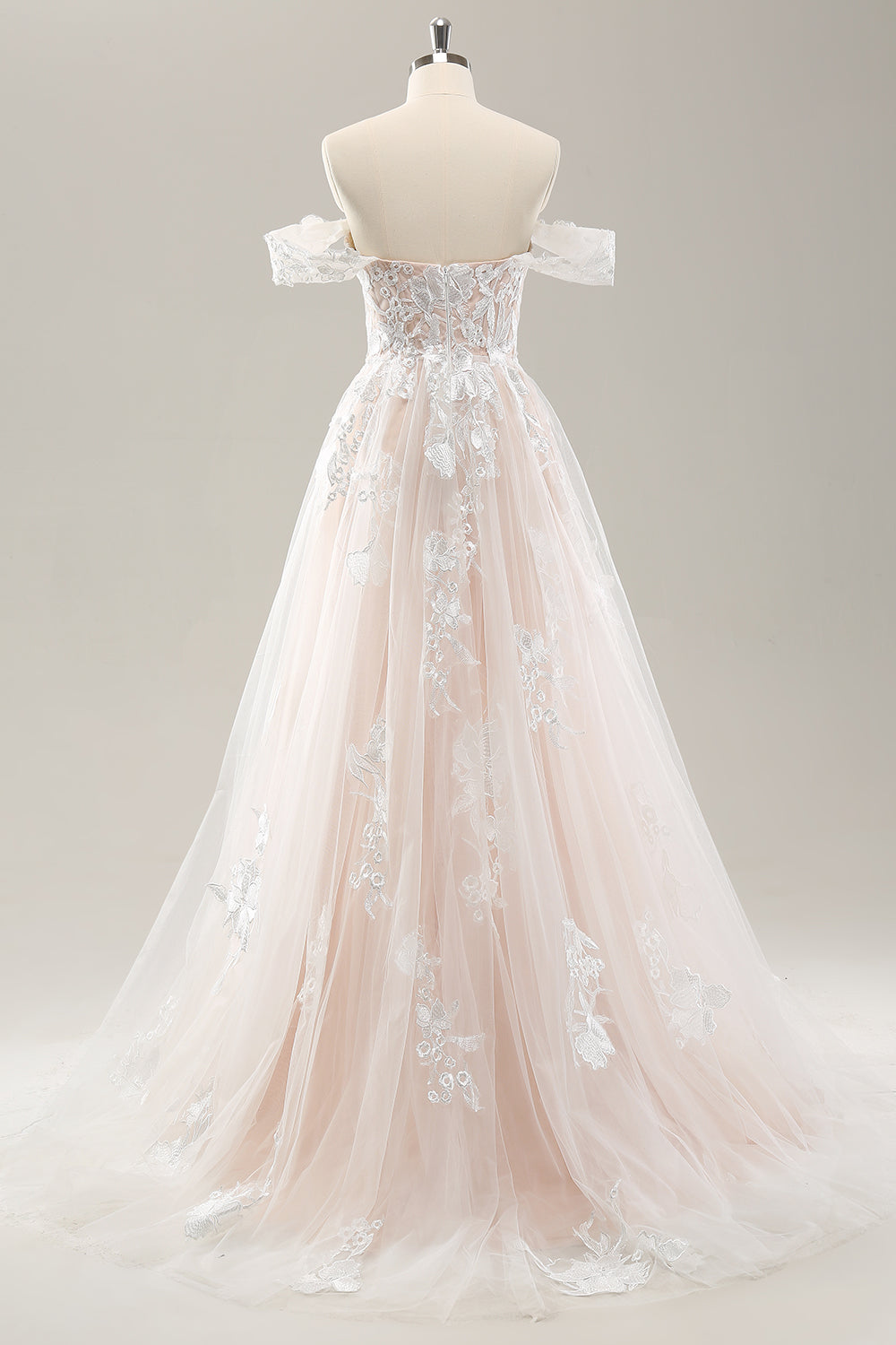 Hvit En linje av skulderen tyll brudekjole med Applique blonder