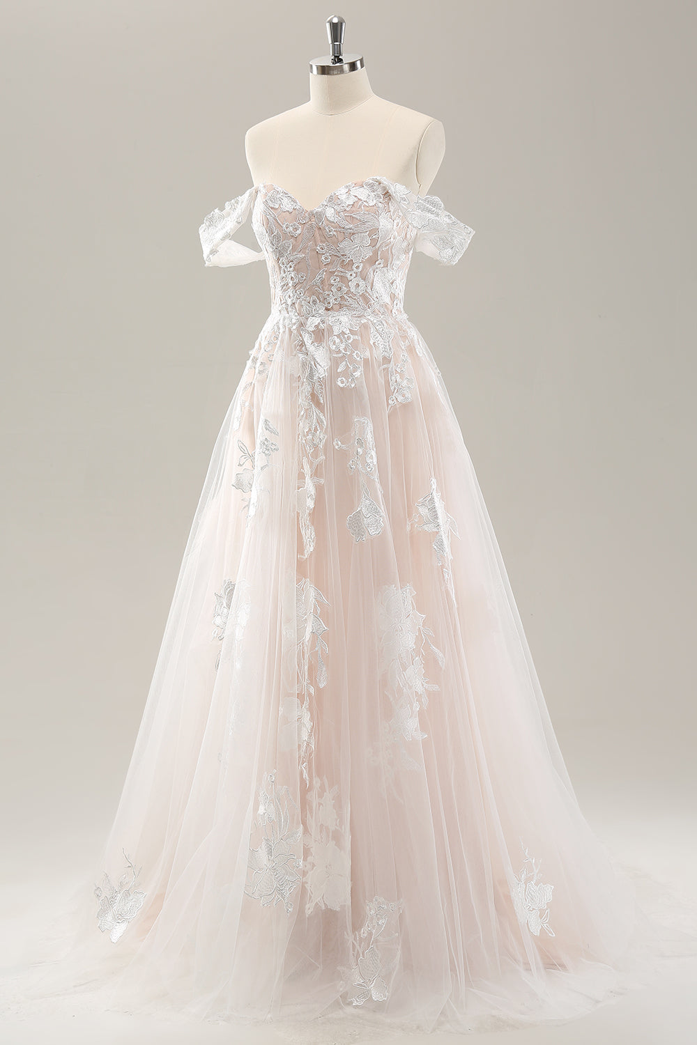 Hvit En linje av skulderen tyll brudekjole med Applique blonder