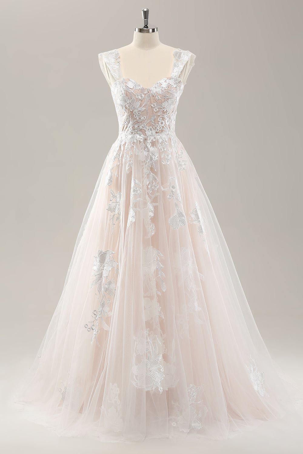 Hvit En linje av skulderen tyll brudekjole med Applique blonder