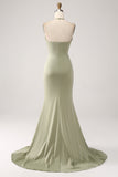 Skjede pistasj V-hals Beaded Long Prom kjole med spalt