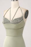 Skjede pistasj V-hals Beaded Long Prom kjole med spalt