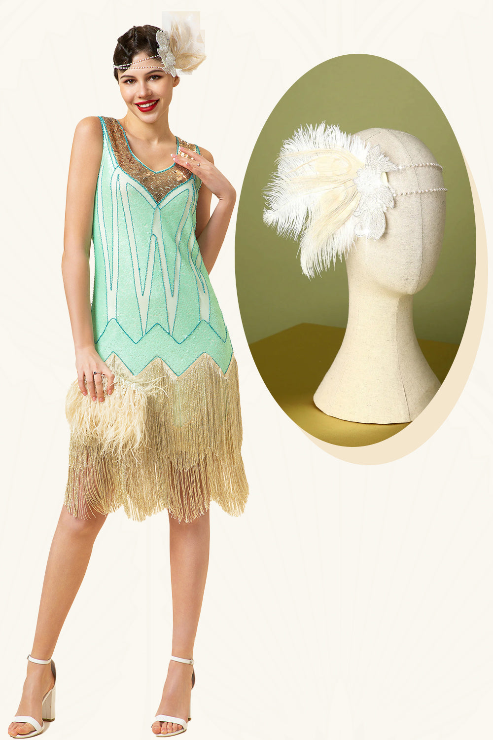 Mint Green paljett frynser 1920-tallet Gatsby Flapper kjole med 20-tallet tilbehør sett