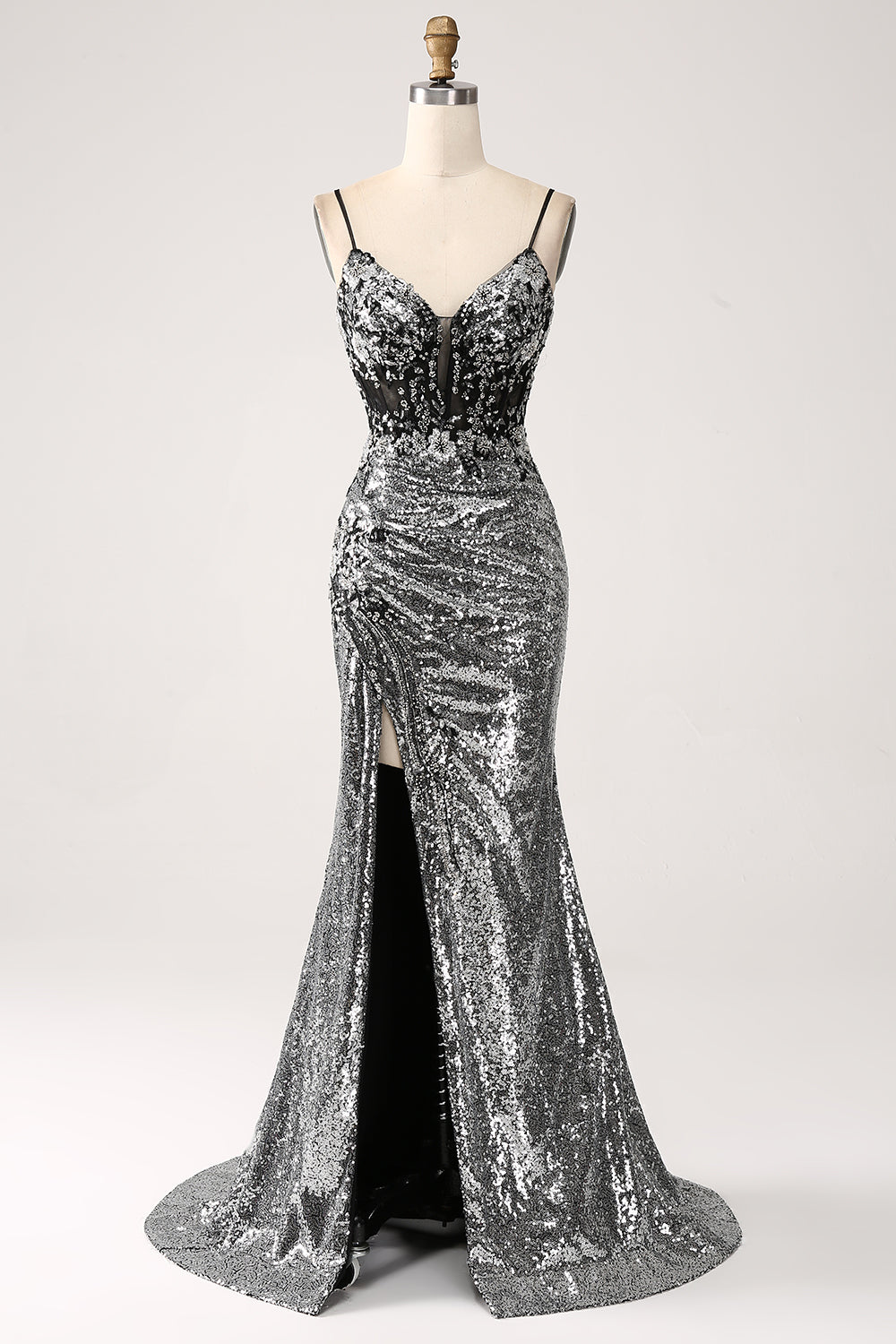 Svart Sparkly Mermaid Spaghetti stropper korsett Prom kjole med Slit