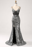 Svart Sparkly Mermaid Spaghetti stropper korsett Prom kjole med Slit
