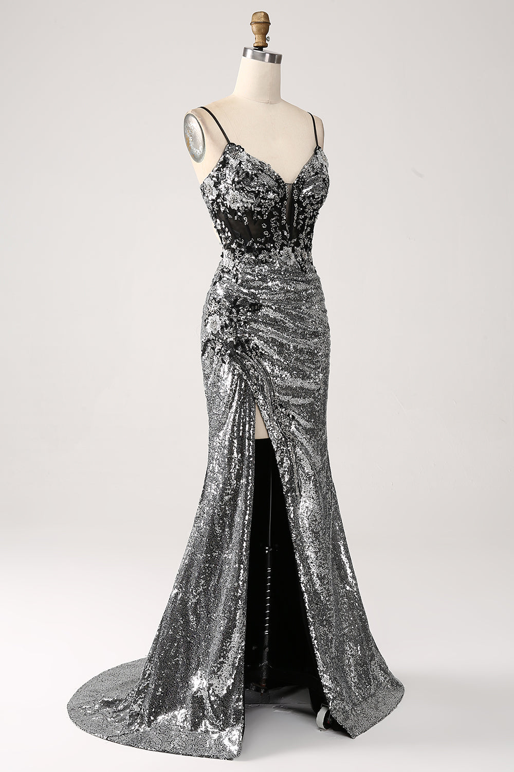 Svart Sparkly Mermaid Spaghetti stropper korsett Prom kjole med Slit