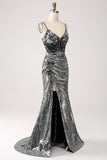 Svart Sparkly Mermaid Spaghetti stropper korsett Prom kjole med Slit