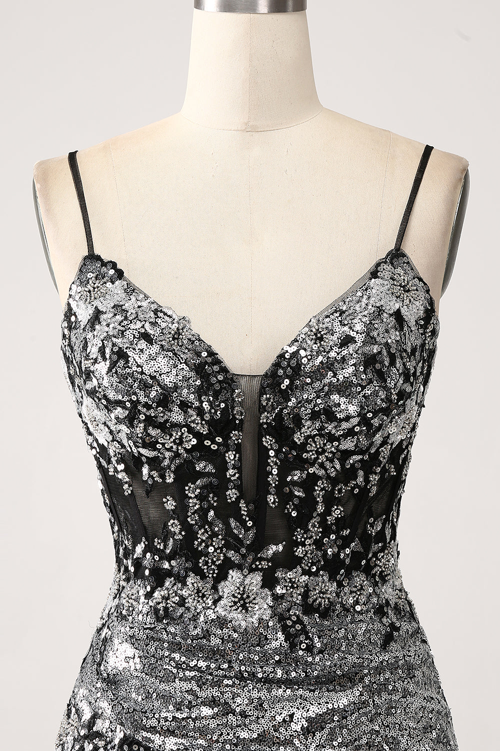 Svart Sparkly Mermaid Spaghetti stropper korsett Prom kjole med Slit