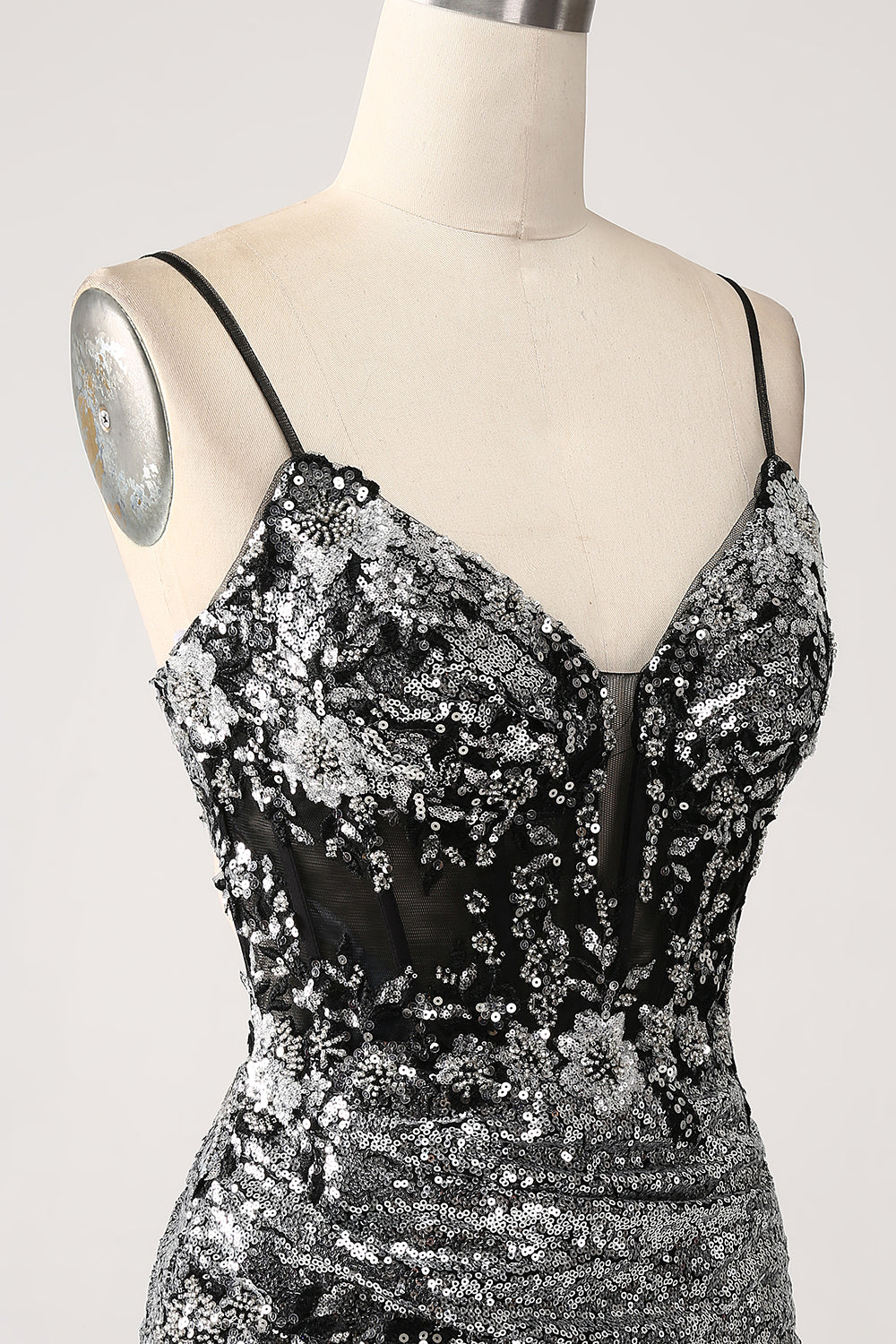 Svart Sparkly Mermaid Spaghetti stropper korsett Prom kjole med Slit