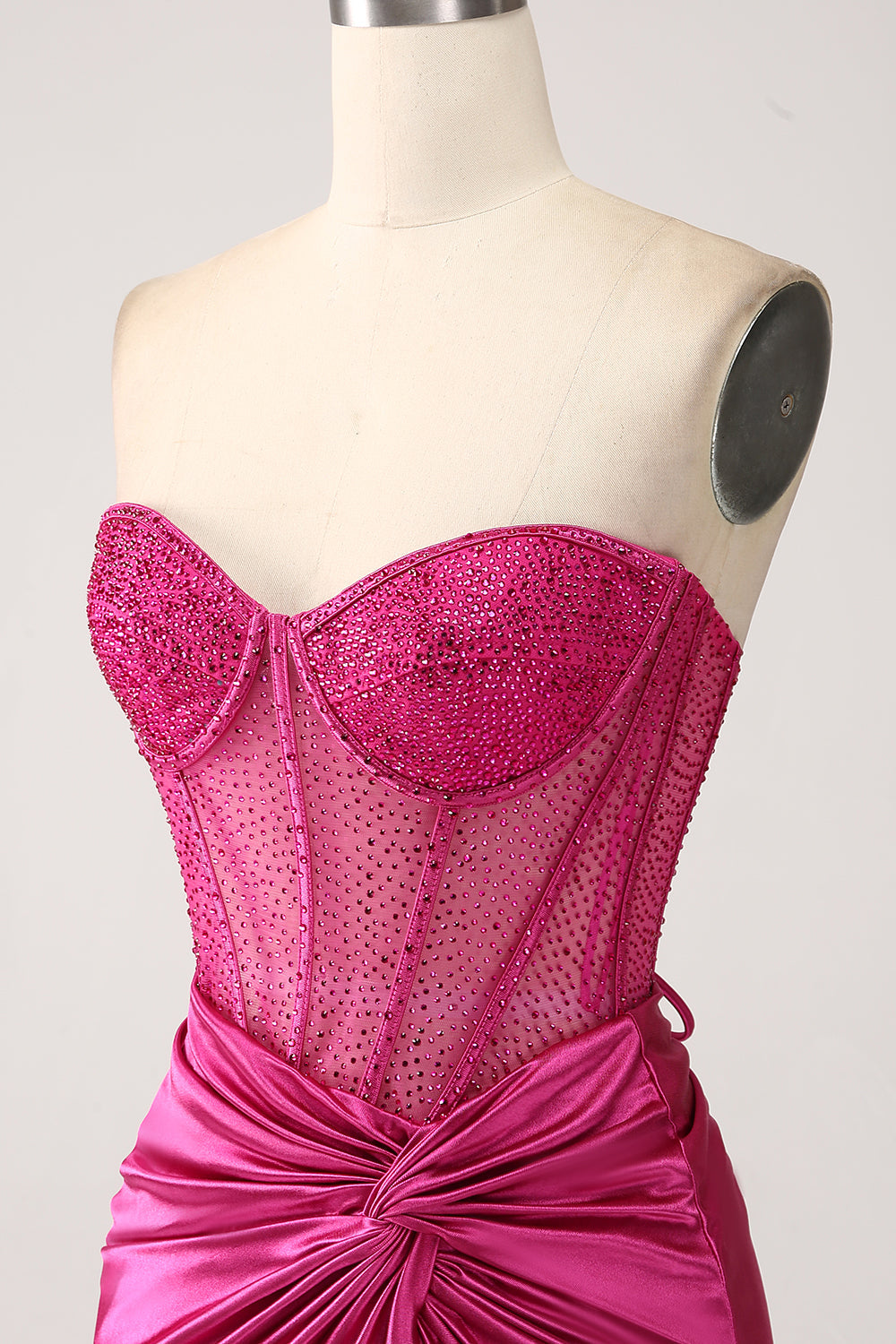 Fuchsia havfrue kjæreste plissert lang korsett sateng ballkjole med spalt