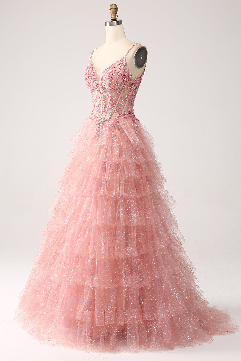 Blush A-Line Spaghetti stropper lagdelt tyll korsett lang prom kjole