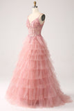 Blush A-Line Spaghetti stropper lagdelt tyll korsett lang prom kjole