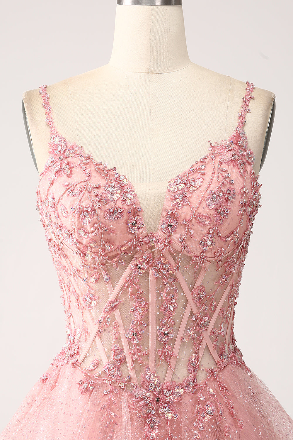 Blush A-Line Spaghetti stropper lagdelt tyll korsett lang prom kjole