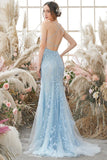 Coral Backless Long Prom Kjole med Appliques