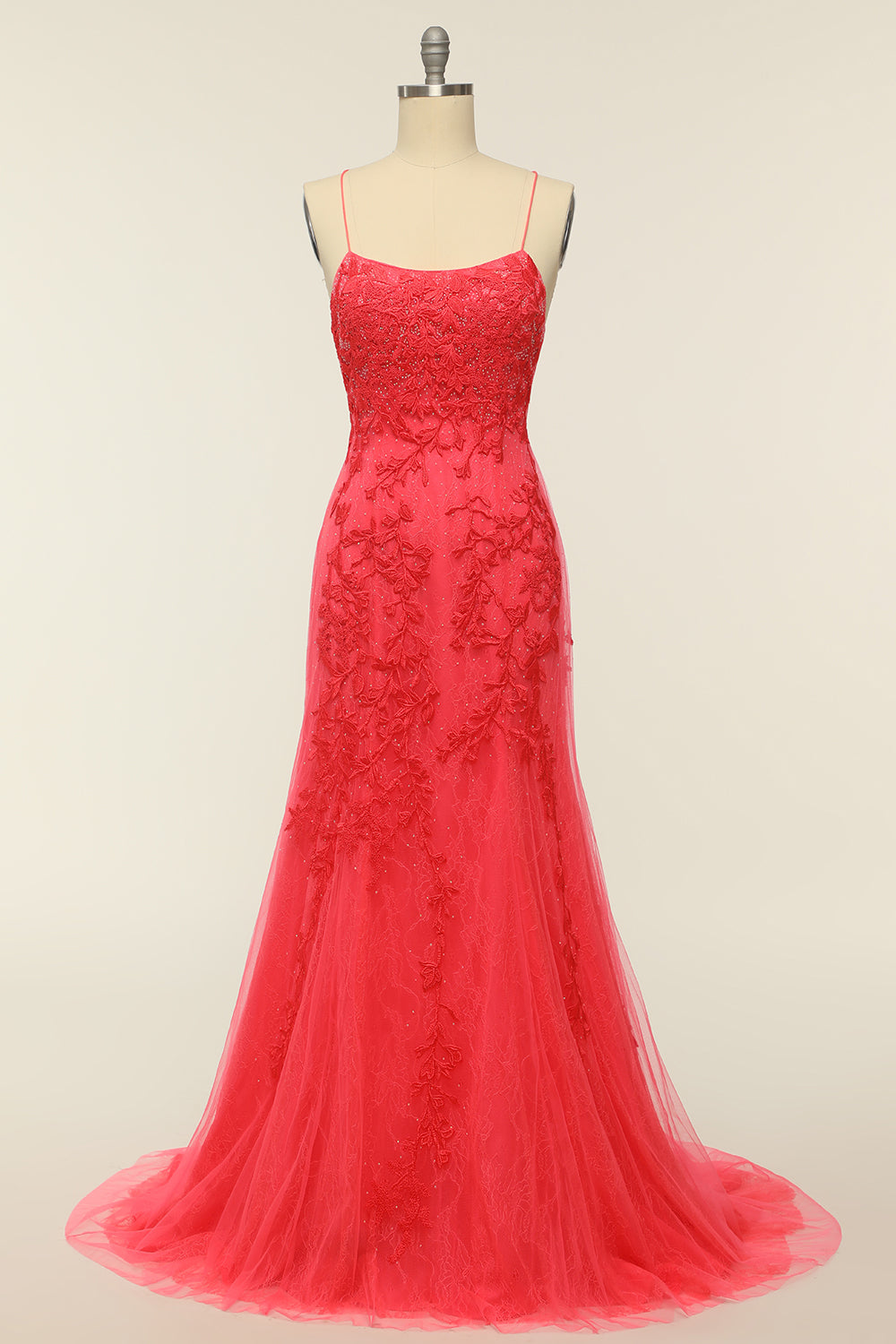 Coral Backless Long Prom Kjole med Appliques