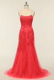 Havfrue Spaghetti stropper Lys rosa Long Prom kjole med Appliques