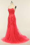 Coral Backless Long Prom Kjole med Appliques