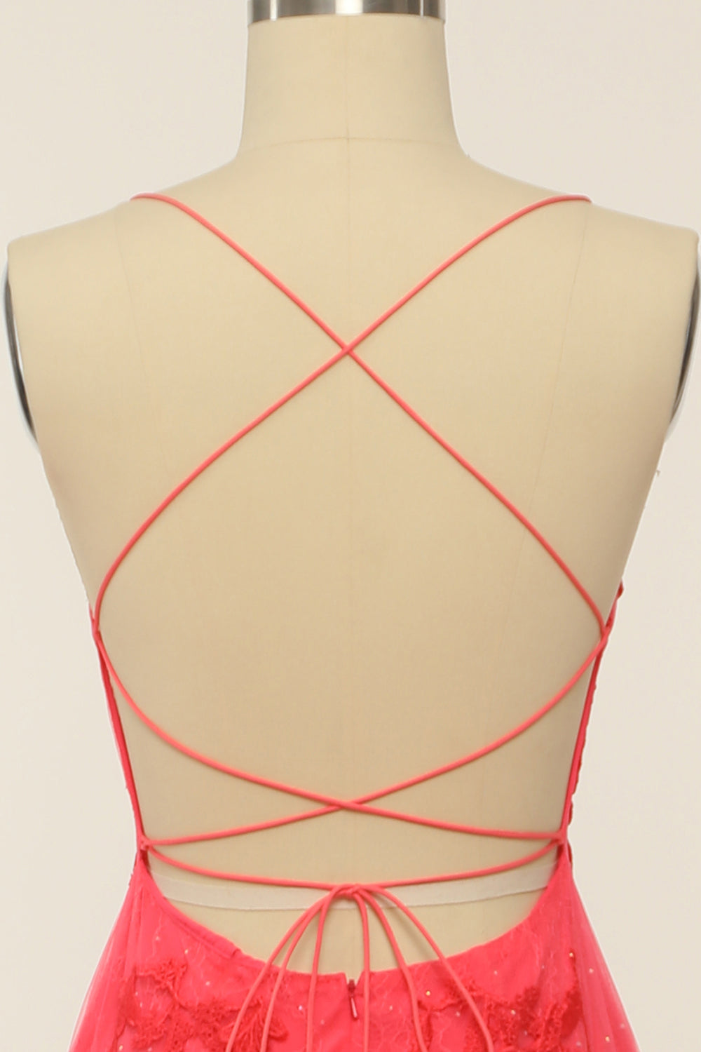 Coral Backless Long Prom Kjole med Appliques