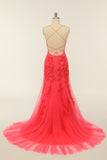Coral Backless Long Prom Kjole med Appliques