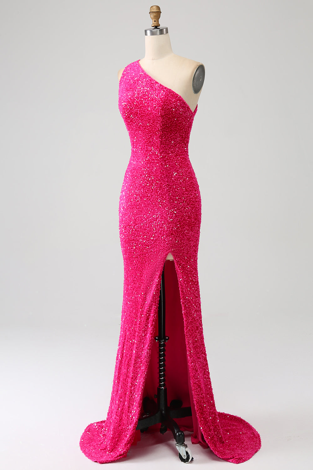 Sparkly Mermaid One Shoulder Fuchsia paljetter Long Prom Kjole med Slit