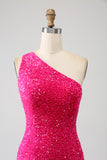 Sparkly Mermaid One Shoulder Fuchsia paljetter Long Prom Kjole med Slit