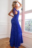 Sparkly Mermaid One Shoulder Fuchsia paljetter Long Prom Kjole med Slit