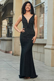 Sparkly Mermaid Deep V Neck Black Lace Long Prom Dress med perler