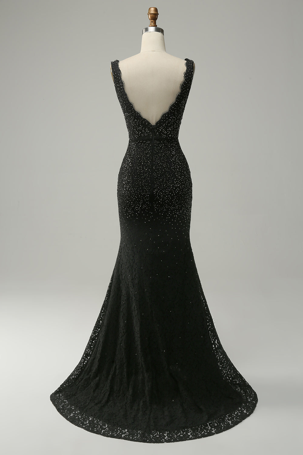 Havfrue Deep V Neck Black Lace Long Prom Kjole med Beading