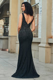 Sparkly Mermaid Deep V Neck Black Lace Long Prom Dress med perler