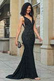 Sparkly Mermaid Deep V Neck Black Lace Long Prom Dress med perler