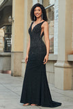 Sparkly Mermaid Deep V Neck Black Lace Long Prom Dress med perler