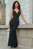 Sparkly Mermaid Deep V Neck Black Lace Long Prom Dress med perler