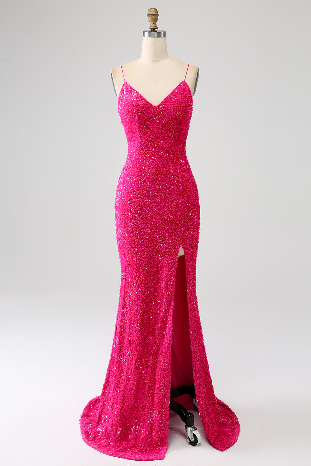 Sparkly Fuchsia Mermaid Spaghetti stropper V-hals paljett lang ballkjole med splitt