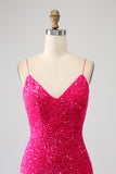 Fuchsia havfrue spaghetti stropper V-hals paljett prom kjole med splitt