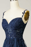 en linje spaghetti stropper marineball kjole med appliques