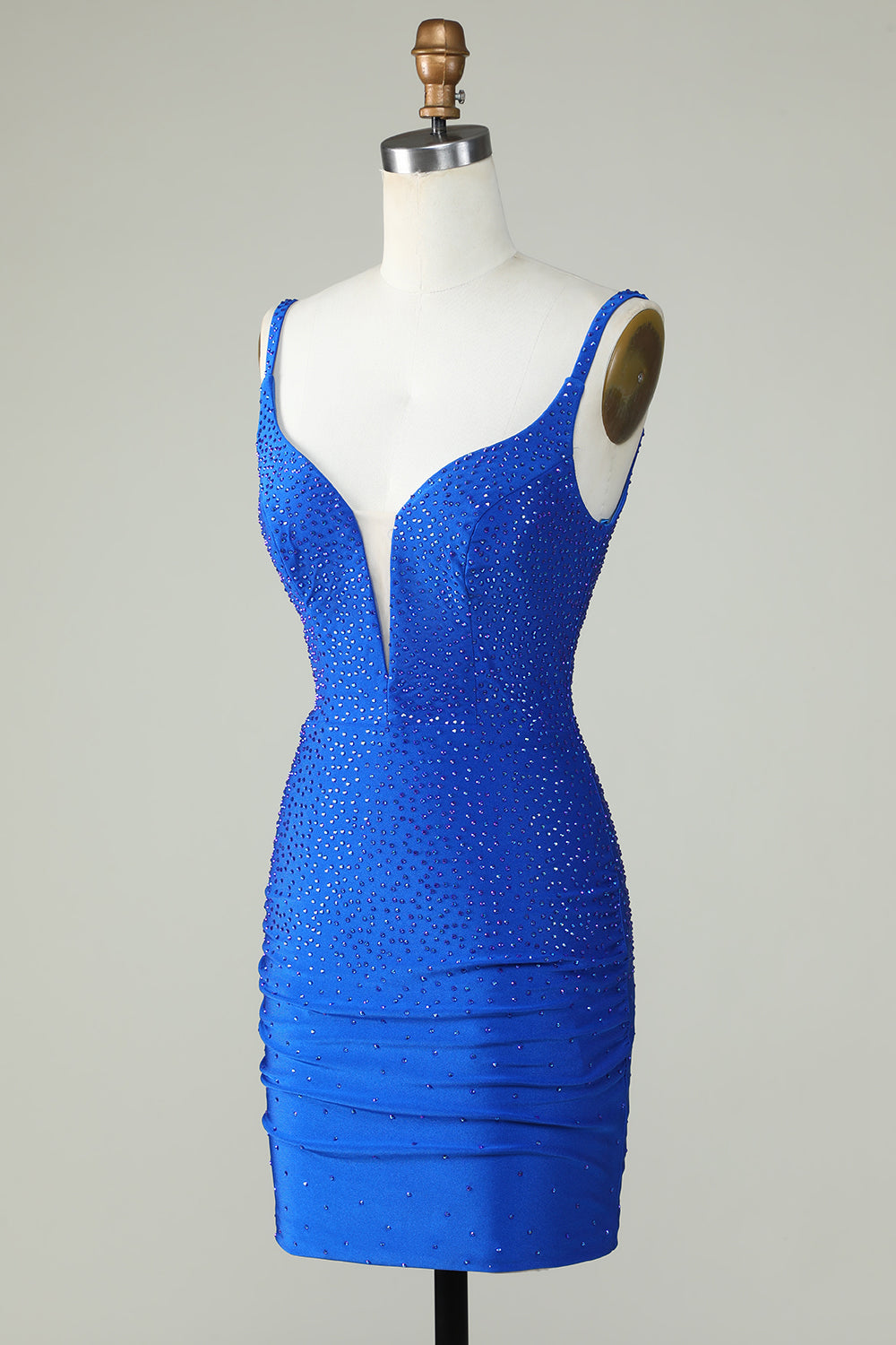 Bodycon Deep V Neck Royal Blue Kort Homecoming kjole med perler