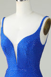 Bodycon Deep V Neck Royal Blue Kort Homecoming kjole med perler