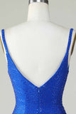 Bodycon Deep V Neck Royal Blue Kort Homecoming kjole med perler