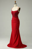 Havfrue Halter Dark Red Prom Kjole med Appliques
