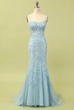 Havfrue Spaghetti stropper Lys rosa Long Prom kjole med Appliques
