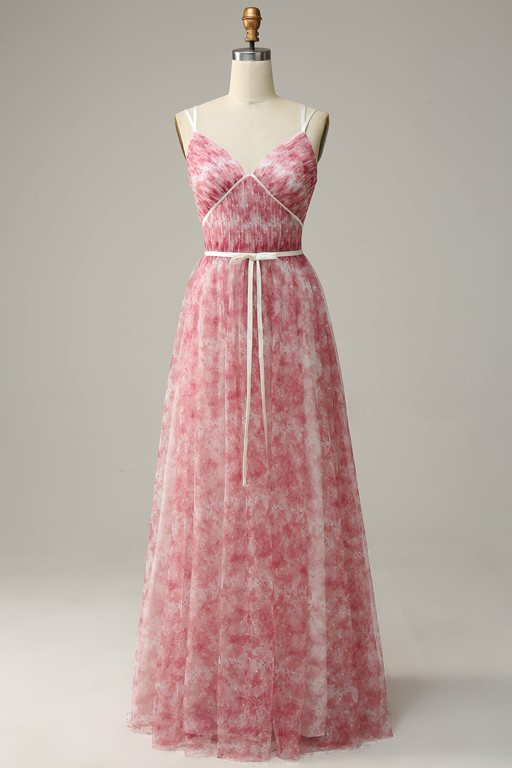 Blå Trykt A-linje tyll lang brudepike kjole