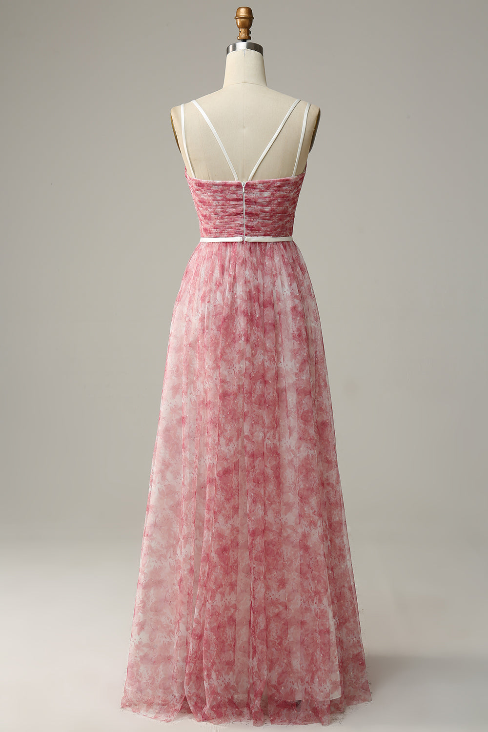 Blå Trykt A-linje tyll lang brudepike kjole